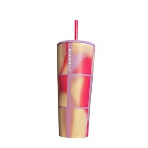 Starbucks Pink and Gold Checkered 24 oz Metal Tumbler